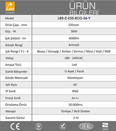 Lambaled 36W Led Bahçe Peyzaj Spotu Amber 