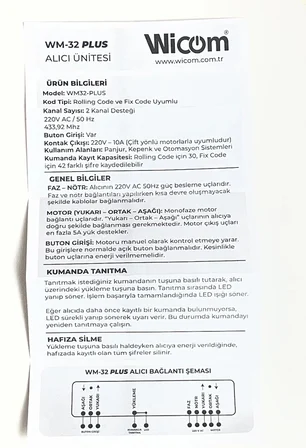 WİCOM WM-32 PANJUR/KEPENK ALICI SET + 2 ADET KUMANDA