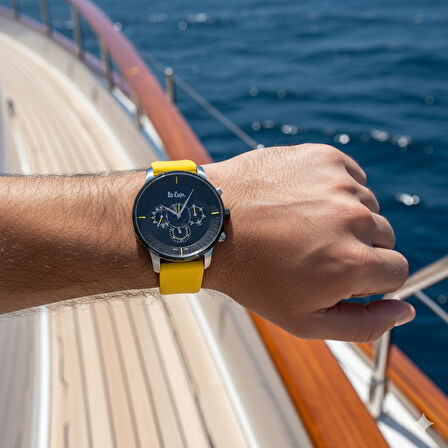Lee Cooper LC06919.654 Erkek Kol Saati | 49 mm Siyah Kadran, Sarı Silikon Kordon, Multifonksiyon Quartz
