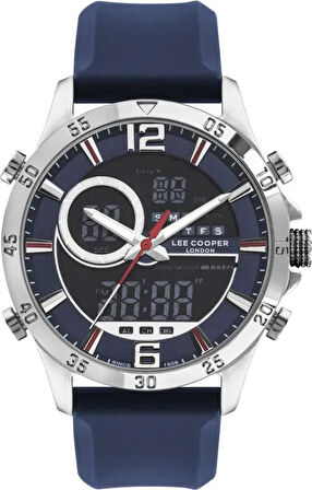 Lee Cooper LC07559.399 Erkek Kol Saati | 46 mm Çelik Kasa, Dijital & Analog, Mavi Silikon Kordon