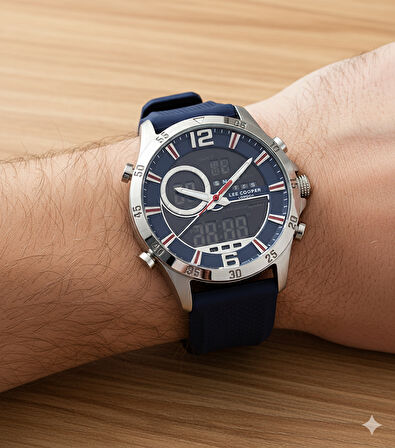 Lee Cooper LC07559.399 Erkek Kol Saati | 46 mm Çelik Kasa, Dijital & Analog, Mavi Silikon Kordon