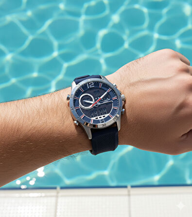 Lee Cooper LC07559.399 Erkek Kol Saati | 46 mm Çelik Kasa, Dijital & Analog, Mavi Silikon Kordon