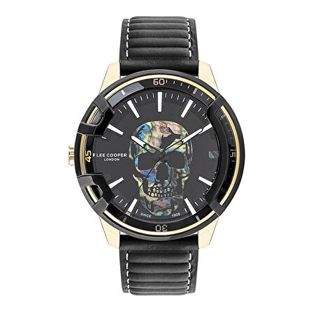 Lee Cooper LC07588.151 Erkek Kol Saati | 48 mm Kafatası Tasarımlı Siyah Kadran, Altın Detaylı Çelik Kasa, Deri Kordon