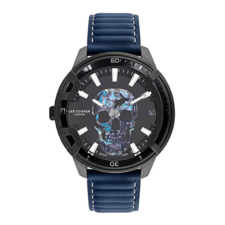 Lee Cooper LC07588.699 Erkek Kol Saati | 48 mm Kafatası Tasarımlı Siyah Kadran, Mavi Deri Kordon, Siyah Kasa