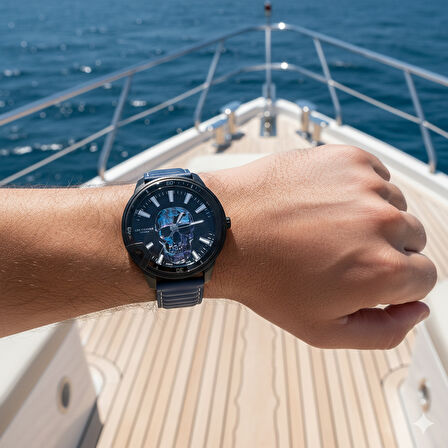 Lee Cooper LC07588.699 Erkek Kol Saati | 48 mm Kafatası Tasarımlı Siyah Kadran, Mavi Deri Kordon, Siyah Kasa