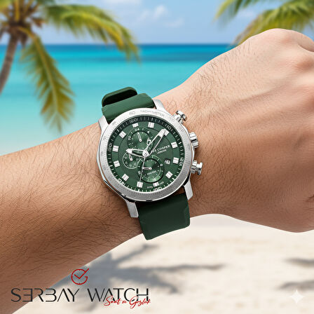 Lee Cooper LC07631.377 Erkek Kol Saati | 49 mm Yeşil Kadran, Silikon Kordon, Multifonksiyonel Çelik Tasarım