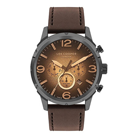 Lee Cooper LC07671.652 Erkek Kol Saati | 47 mm Kahverengi Deri Kordon, Bronz Tonlu Kadran, Gri Kasa