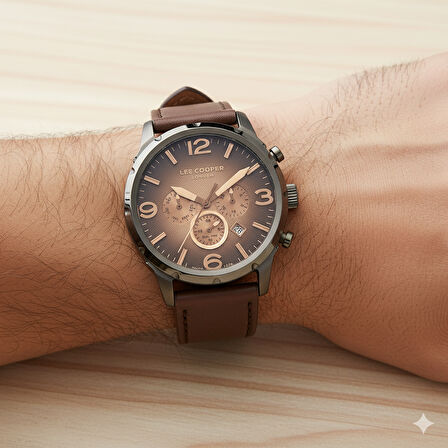 Lee Cooper LC07671.652 Erkek Kol Saati | 47 mm Kahverengi Deri Kordon, Bronz Tonlu Kadran, Gri Kasa