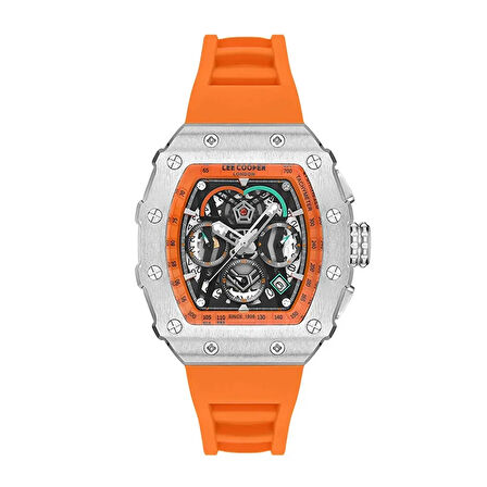 Lee Cooper Turuncu Silikon Erkek Kol Saati | 46 mm İskelet Kadran, Paslanmaz Çelik Kasa, Sportif Tasarım