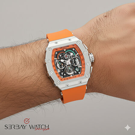 Lee Cooper Turuncu Silikon Erkek Kol Saati | 46 mm İskelet Kadran, Paslanmaz Çelik Kasa, Sportif Tasarım