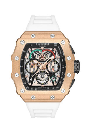 Lee Cooper Özel Seri Erkek Kol Saati | 46 mm Rosegold Çelik Kasa, Beyaz Silikon Kordon, Multifonksiyonel Spor Tasarım