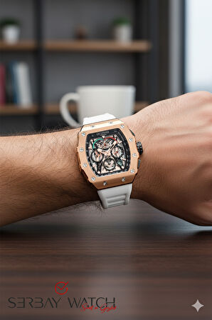 Lee Cooper Özel Seri Erkek Kol Saati | 46 mm Rosegold Çelik Kasa, Beyaz Silikon Kordon, Multifonksiyonel Spor Tasarım