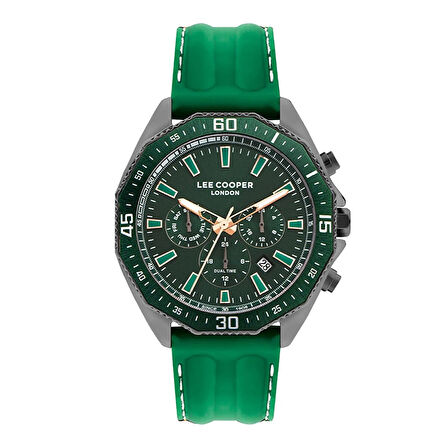 Lee Cooper LC07848.077 Erkek Kol Saati | 45 mm Yeşil Kadran, Gri Çelik Kasa, Silikon Kordon