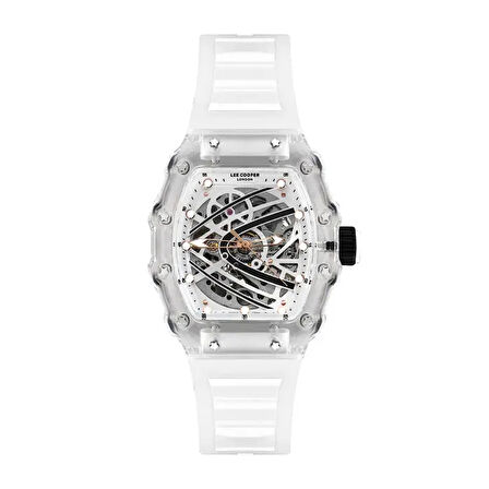 Lee Cooper Otomatik Şeffaf Erkek Kol Saati | 45 mm Özgün Tasarım, Otomatik Mekanizma, Şeffaf Kasa & Beyaz Silikon Kordon