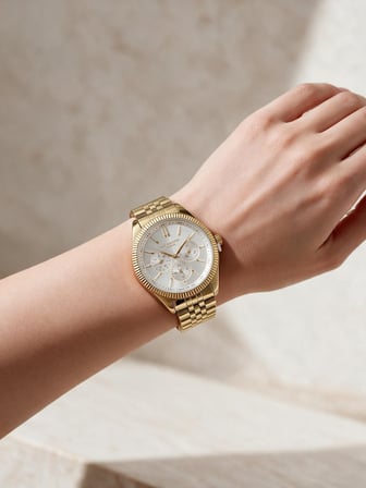 Lee Cooper Altın Sarısı Çelik Bilezik 34 mm Yuvarlak Kadın Kol Saati, Taşlı Bileklik Hediyeli