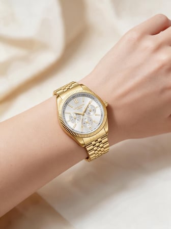 Lee Cooper Altın Sarısı Çelik Bilezik 34 mm Yuvarlak Kadın Kol Saati, Taşlı Bileklik Hediyeli