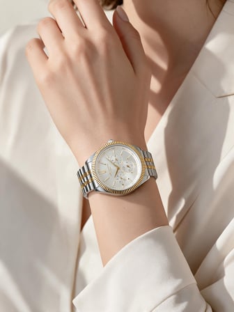 Lee Cooper Altın/Metalik Çelik Bilezik 34 mm Yuvarlak Kadın Kol Saati, Taşlı Bileklik Hediyeli