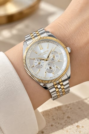 Lee Cooper Altın/Metalik Çelik Bilezik 34 mm Yuvarlak Kadın Kol Saati, Taşlı Bileklik Hediyeli