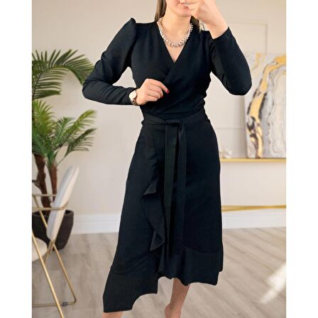 Lucky Life Krep Kumaş Midi Boy Kuşaklı Uzunkol Elbise 113 Cm