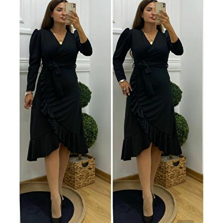 Lucky Life Krep Kumaş Midi Boy Kuşaklı Uzunkol Elbise 113 Cm
