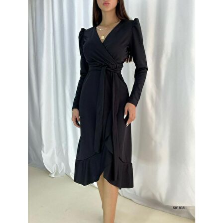 Lucky Life Krep Kumaş Midi Boy Kuşaklı Uzunkol Elbise 113 Cm