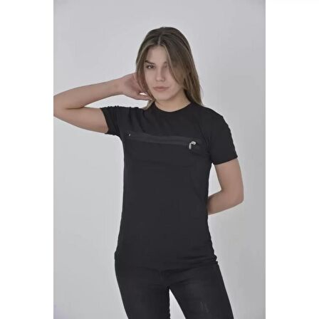 Lucky Life Göğüste Fermuar Aksesuarlı Dar Kalıp T-Shirt - Siyah