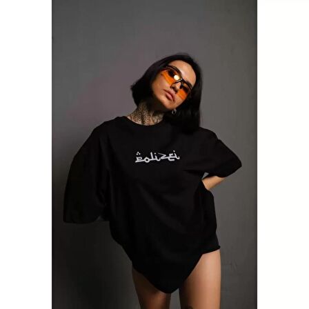 Lucky Life Bisiklet Yakalı Sırt Baskılı Oversize T-Shirt - Siyah