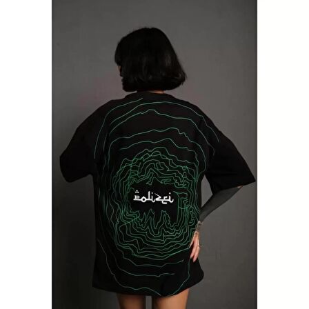 Lucky Life Bisiklet Yakalı Sırt Baskılı Oversize T-Shirt - Siyah