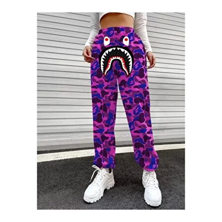 Lucky Life Bape Shark Dijital Baskılı Eşofman Altı - Mor