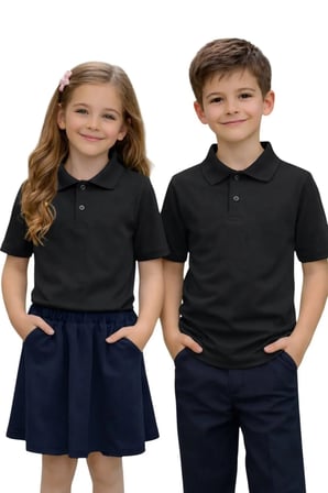 Unisex Kız Erkek Çocuk Polo Yaka Pamuklu Kısa Kol Siyah Günlük Basic Okul Tişört