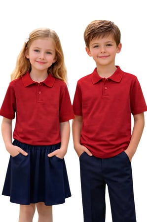 Unisex Kız Erkek Çocuk Polo Yaka Pamuklu Kısa Kol Kırmızı Günlük Basic Okul Tişört
