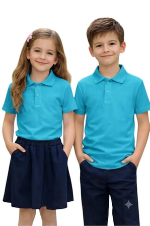 Unisex Kız Erkek Çocuk Polo Yaka Pamuklu Kısa Kol Turkuaz Günlük Basic Okul Tişört — Turkuaz Mavi