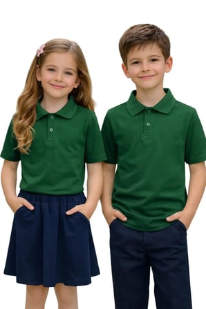 Unisex Kız Erkek Çocuk Polo Yaka Pamuklu Kısa Kol Nefti Yeşil Günlük Basic Okul Tişört