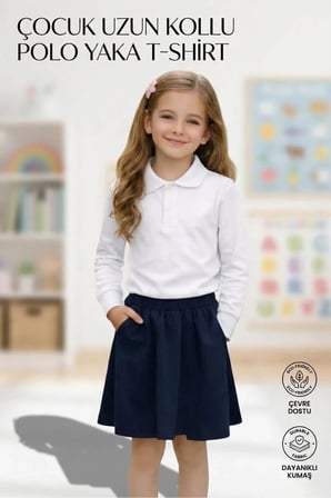 Unisex Kız Erkek Çocuk Polo Yaka Pamuklu Uzun Kol Beyaz F2:F100Günlük Basic Okul Tişört