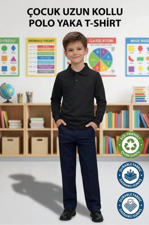 Unisex Kız Erkek Çocuk Polo Yaka Pamuklu Uzun Kol Siyah Günlük Basic Okul Tişört
