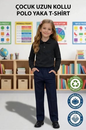 Unisex Kız Erkek Çocuk Polo Yaka Pamuklu Uzun Kol Siyah Günlük Basic Okul Tişört
