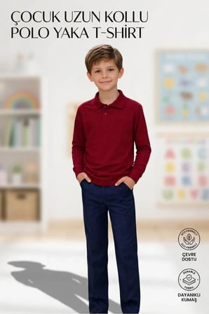 Unisex Kız Erkek Çocuk Polo Yaka Pamuklu Uzun Kol Bordo Günlük Basic Okul Tişört