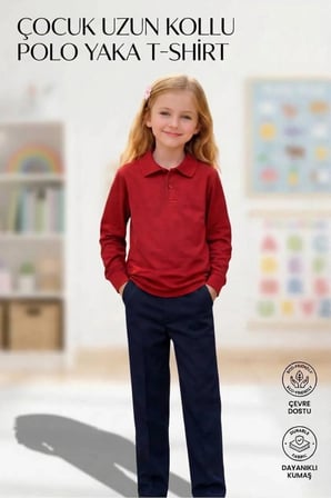 Unisex Kız Erkek Çocuk Polo Yaka Pamuklu Uzun Kol Kırmızı Günlük Basic Okul Tişört