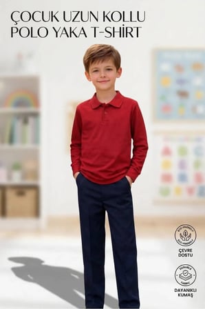 Unisex Kız Erkek Çocuk Polo Yaka Pamuklu Uzun Kol Kırmızı Günlük Basic Okul Tişört