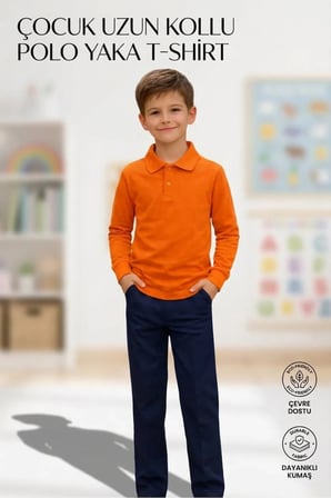 Unisex Kız Erkek Çocuk Polo Yaka Pamuklu Uzun Kol Oranj-Turuncu-Orange Günlük Basic Okul Tişört