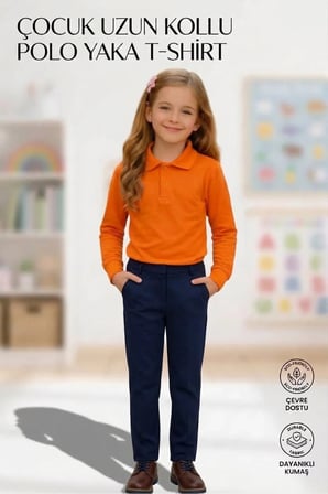 Unisex Kız Erkek Çocuk Polo Yaka Pamuklu Uzun Kol Oranj-Turuncu-Orange Günlük Basic Okul Tişört