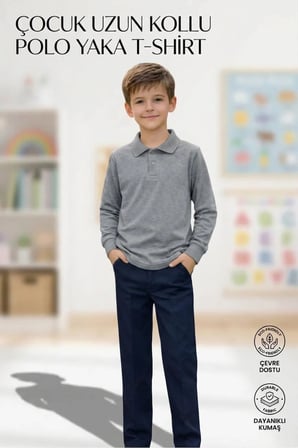 Unisex Kız Erkek Çocuk Polo Yaka Pamuklu Uzun Kol Gri Günlük Basic Okul Tişört