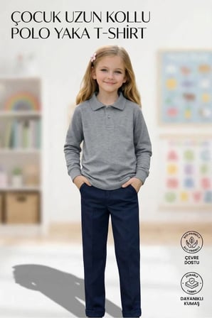 Unisex Kız Erkek Çocuk Polo Yaka Pamuklu Uzun Kol Gri Günlük Basic Okul Tişört