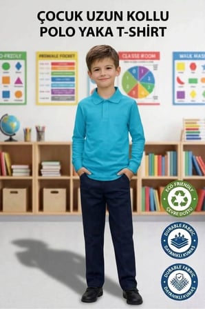 Unisex Kız Erkek Çocuk Polo Yaka Pamuklu Uzun Kol Turkuaz Günlük Basic Okul Tişört — Turkuaz Mavi