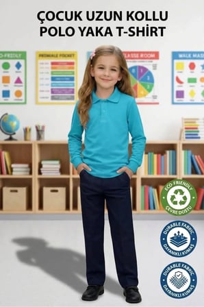 Unisex Kız Erkek Çocuk Polo Yaka Pamuklu Uzun Kol Turkuaz Günlük Basic Okul Tişört — Turkuaz Mavi