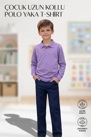 Unisex Kız Erkek Çocuk Polo Yaka Pamuklu Uzun Kol Lila Günlük Basic Okul Tişört