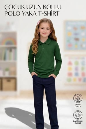 Unisex Kız Erkek Çocuk Polo Yaka Pamuklu Uzun Kol Nefti Yeşil Günlük Basic Okul Tişört