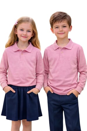 Unisex Kız Erkek Çocuk Polo Yaka Pamuklu Uzun Kol Pudra-Toz Pembe Günlük Basic Okul Tişört