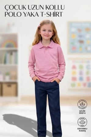 Unisex Kız Erkek Çocuk Polo Yaka Pamuklu Uzun Kol Pudra-Toz Pembe Günlük Basic Okul Tişört