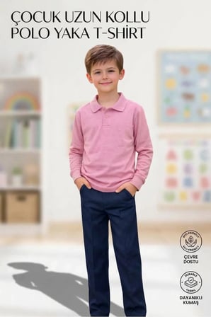 Unisex Kız Erkek Çocuk Polo Yaka Pamuklu Uzun Kol Pudra-Toz Pembe Günlük Basic Okul Tişört